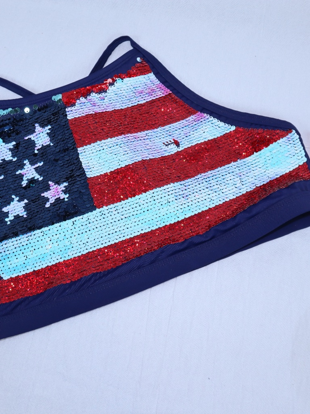 Justice Kid's Size 20 plus American Flag Flip Sequins Swim Top Red/White/Blue